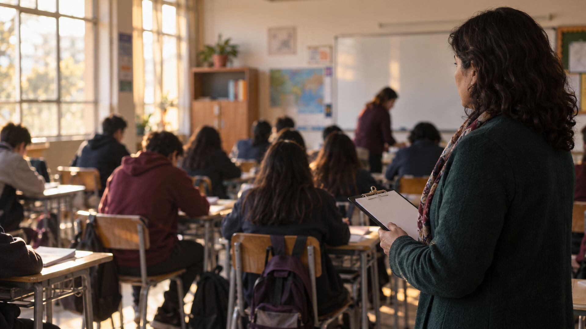 Directiva observa una clase desde el fondo mientras sostiene una pauta.