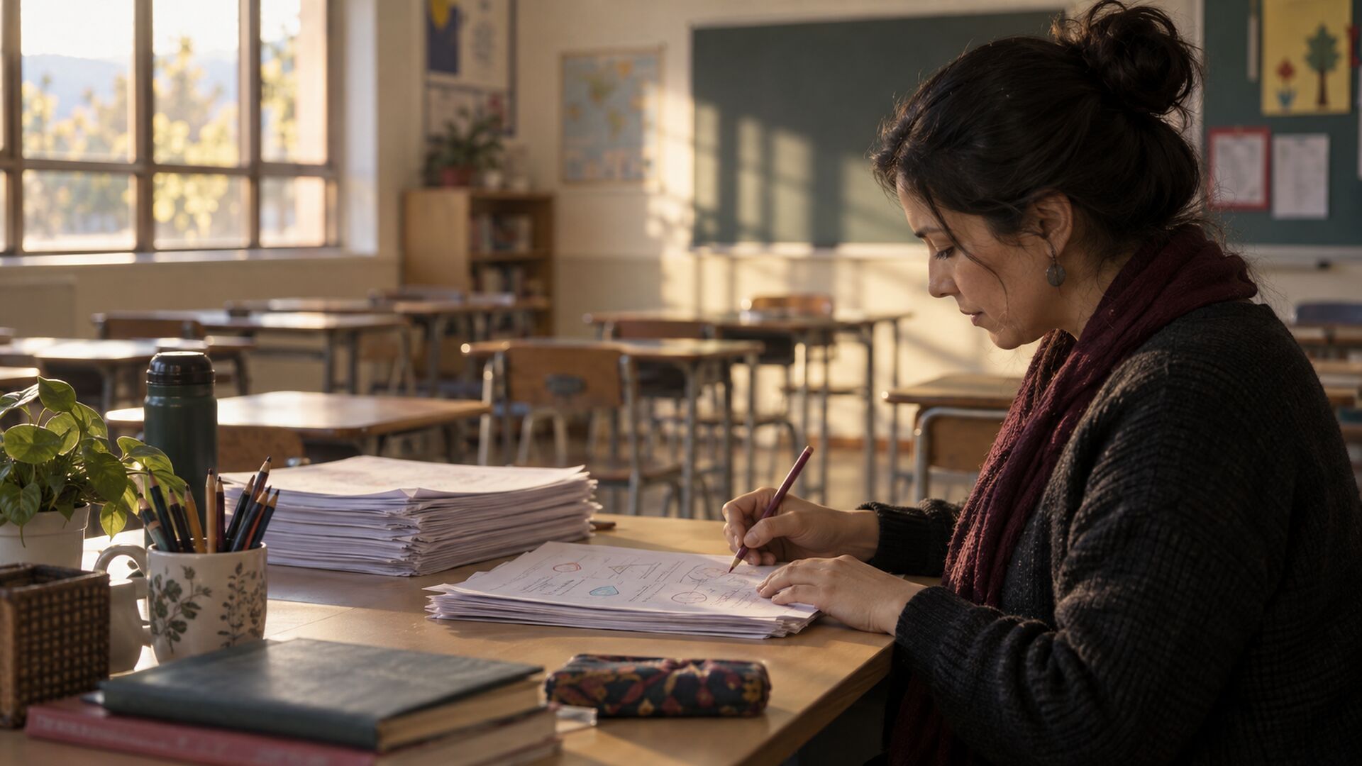 Docente corrige evaluaciones en un aula vacía al final de la jornada.