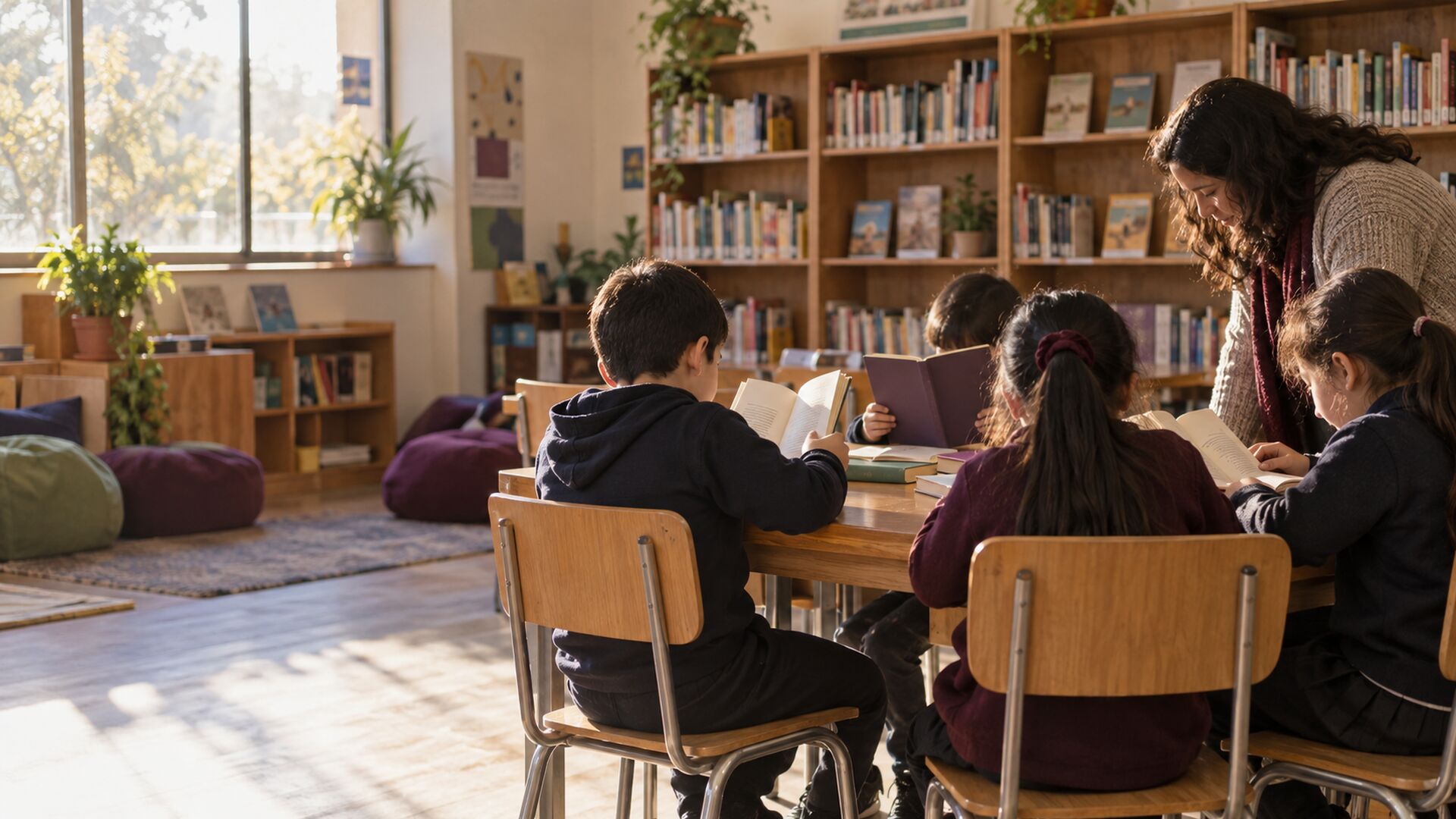 Estudiantes leen junto a una docente en la biblioteca escolar CRA.