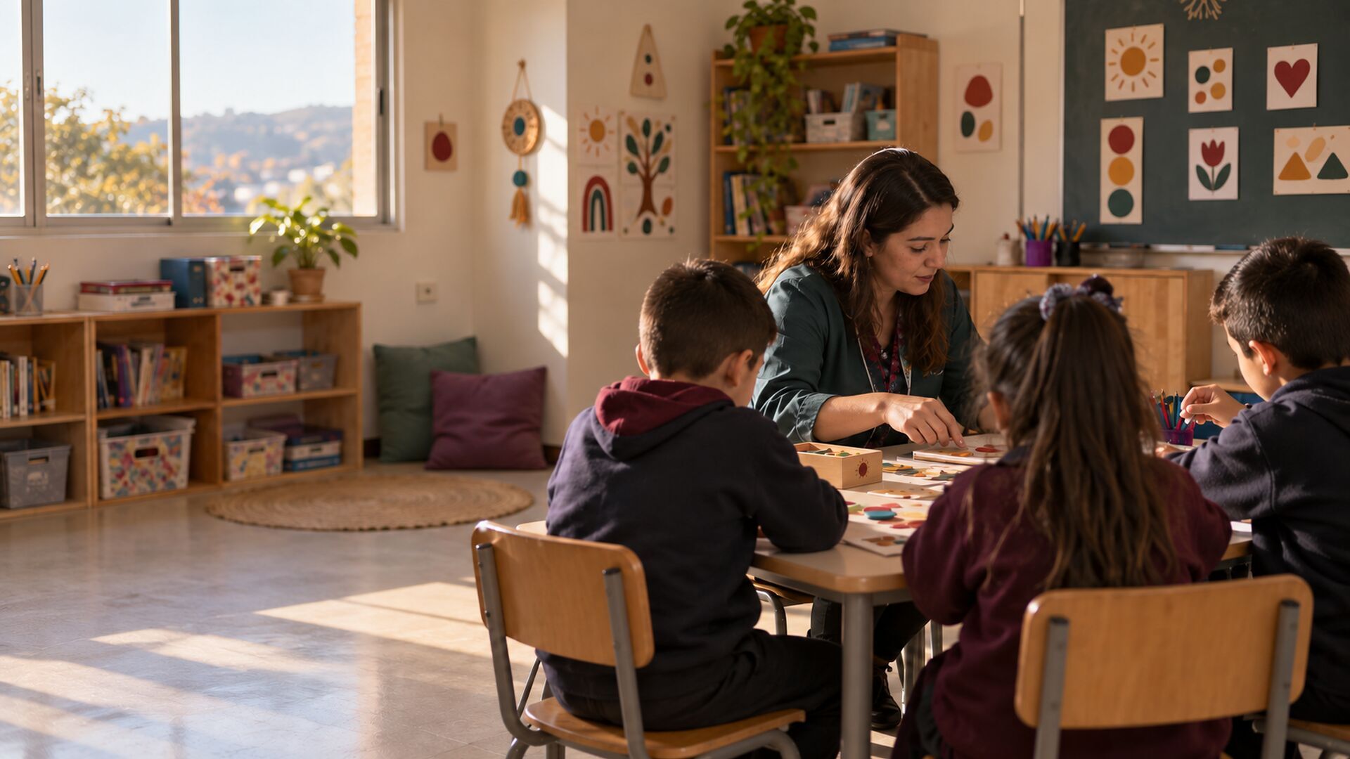 Educadora diferencial trabaja con tres estudiantes en un aula de recursos.