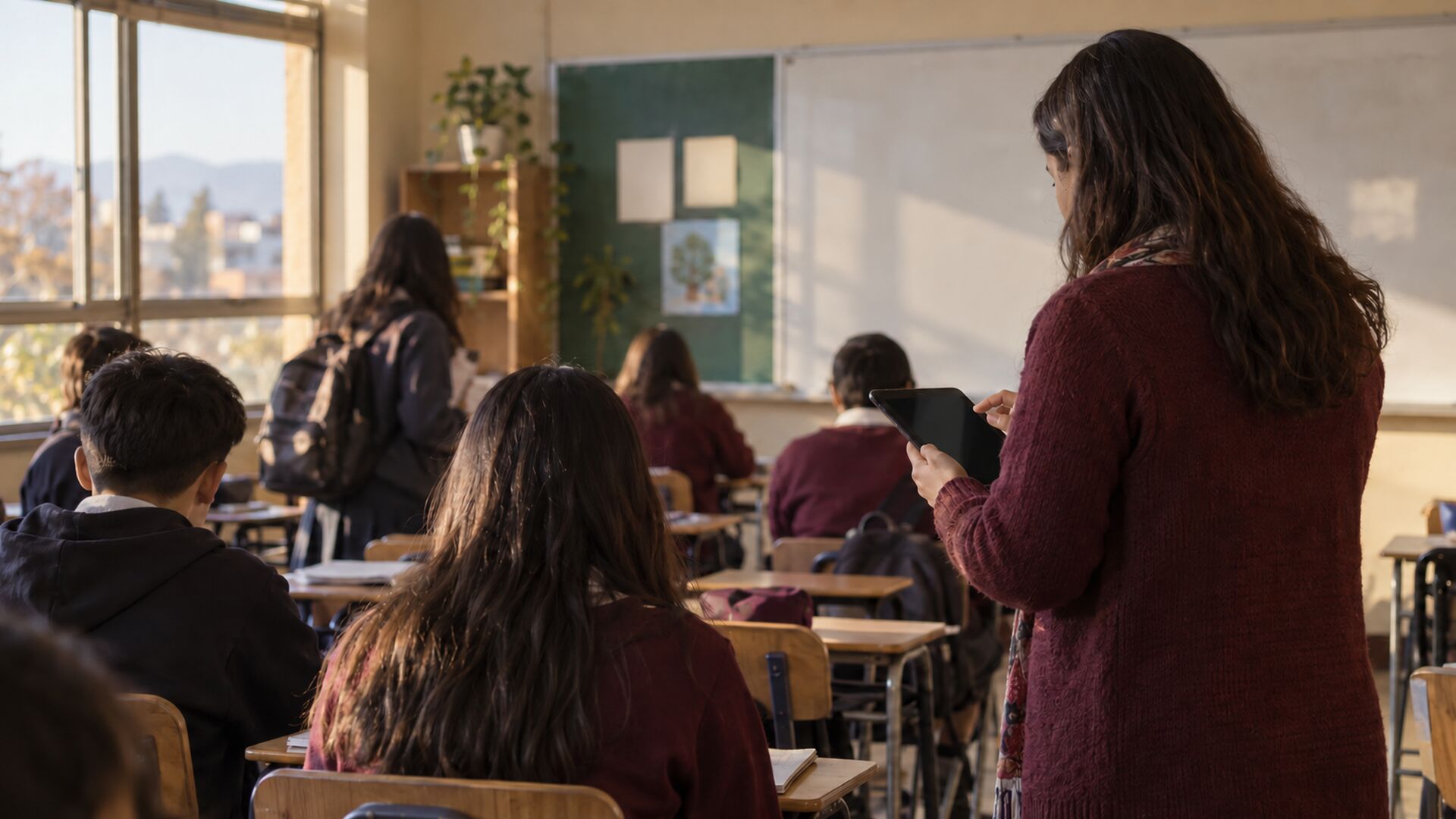 Docente registra asistencia en una tablet al inicio de la clase.