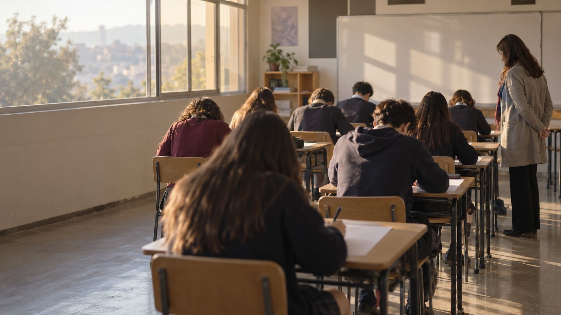 Estudiantes de cuarto medio rinden un ensayo bajo supervisión docente.