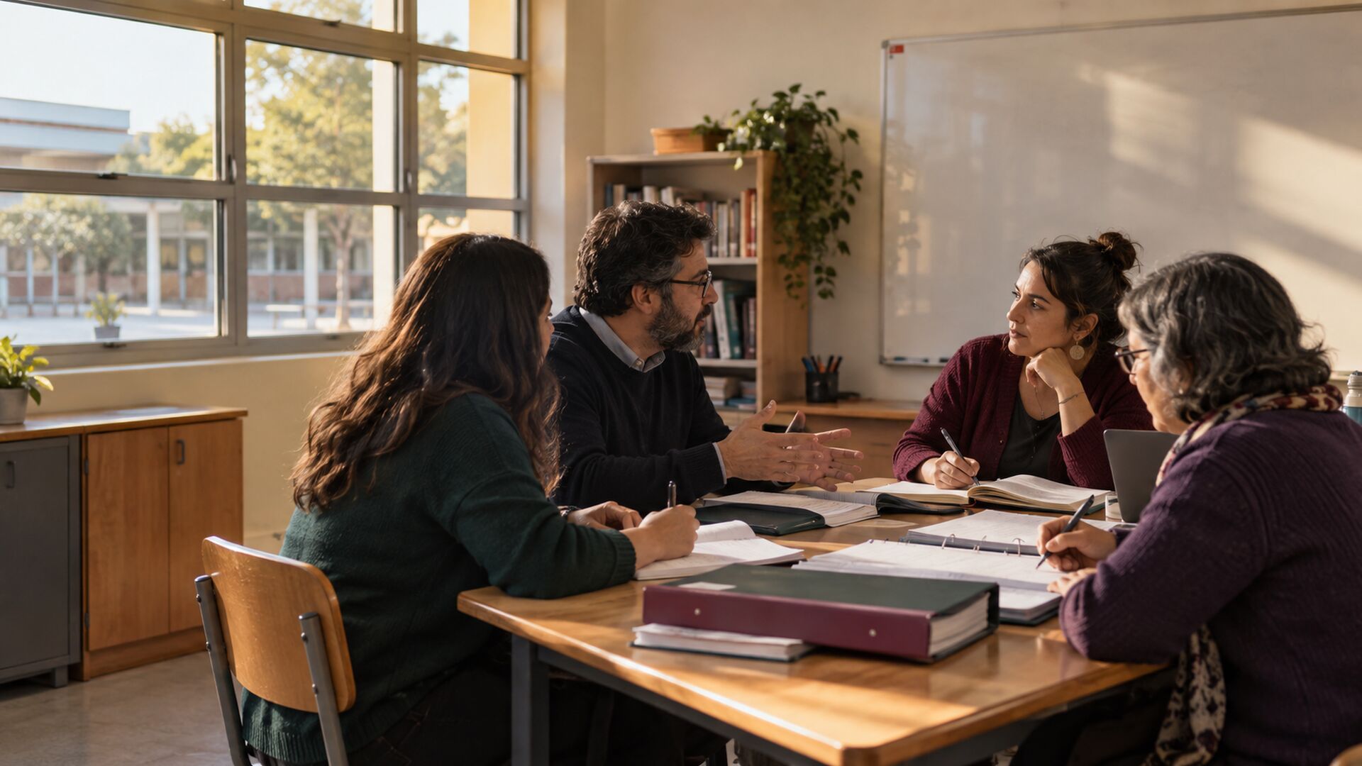 Equipo de gestión dialoga durante una reunión de planificación escolar.