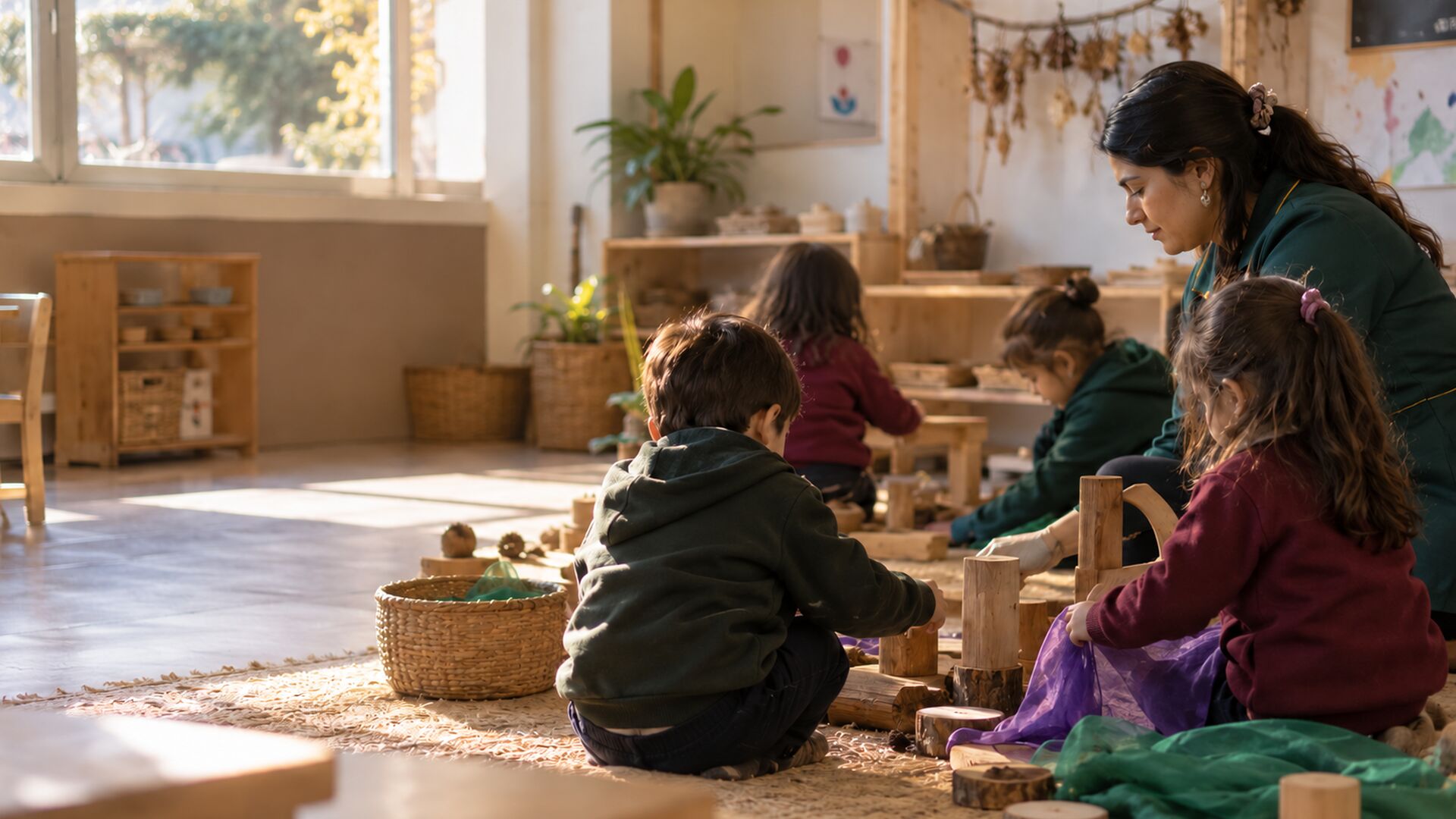 Educadora observa a un grupo de párvulos durante una experiencia de juego.
